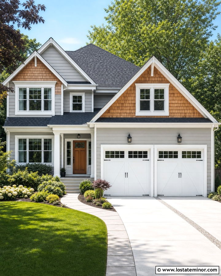 Light Grey House With Cedar Shake And White Garage Doors - 30 Light Grey House Design With Cedar Shake Ideas