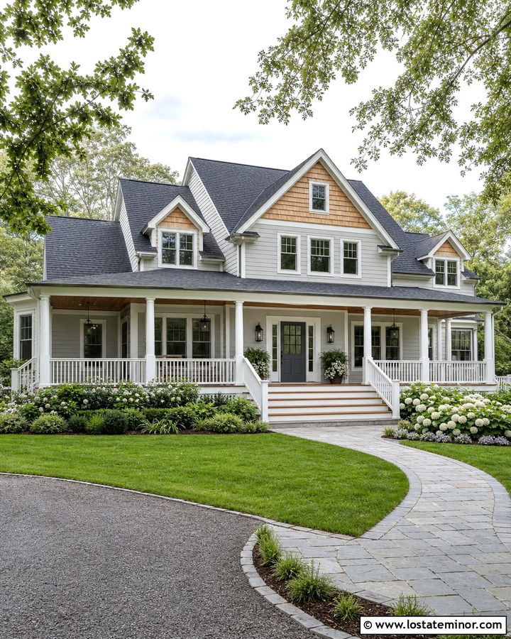 Light Grey House With Cedar Shake Wraparound Porch - 30 Light Grey House Design With Cedar Shake Ideas