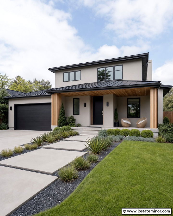 Light Grey House With Cedar Slat Porch Ceiling - 30 Light Grey House Design With Porch Ceiling Ideas