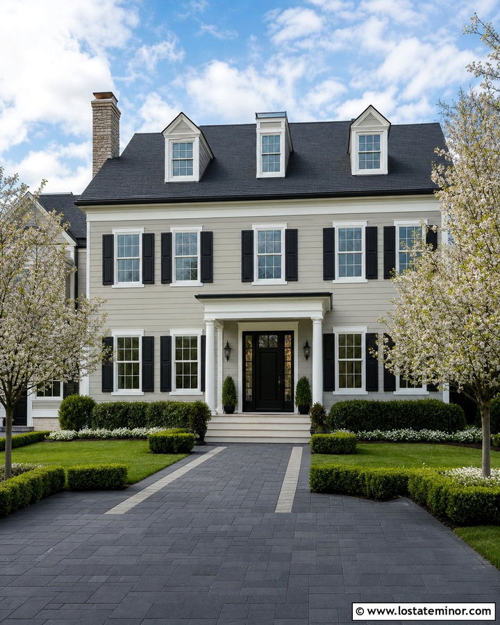 Light Grey House With Charcoal Paver Driveway - 30 Light Grey House Design With Driveway Ideas