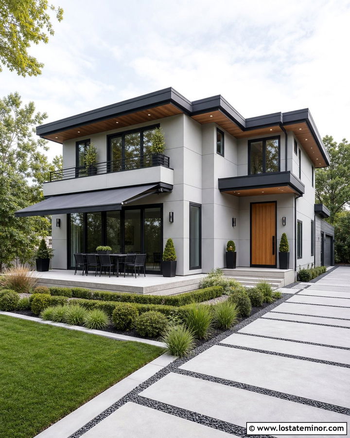 Light Grey House With Charcoal Retractable Awning - 30 Light Grey House Design With Awning Ideas
