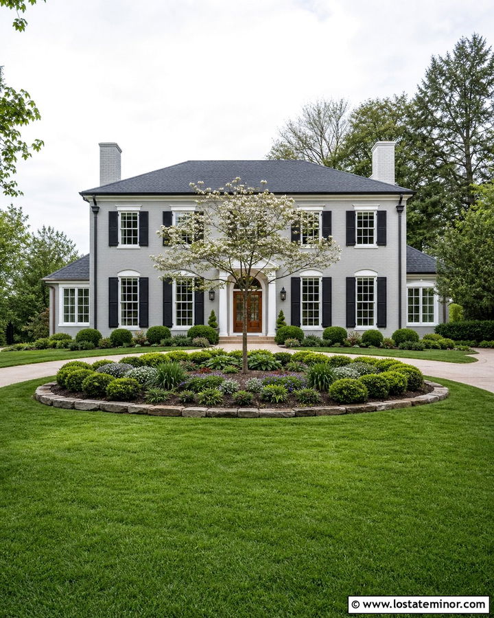 Light Grey House With Circular Front Garden - 30 Light Grey House Design With Front Yard Ideas