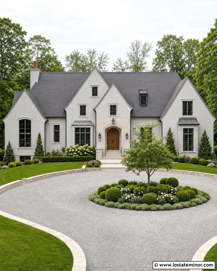 Light Grey House With Circular Gravel Driveway - 30 Light Grey House Design With Driveway Ideas