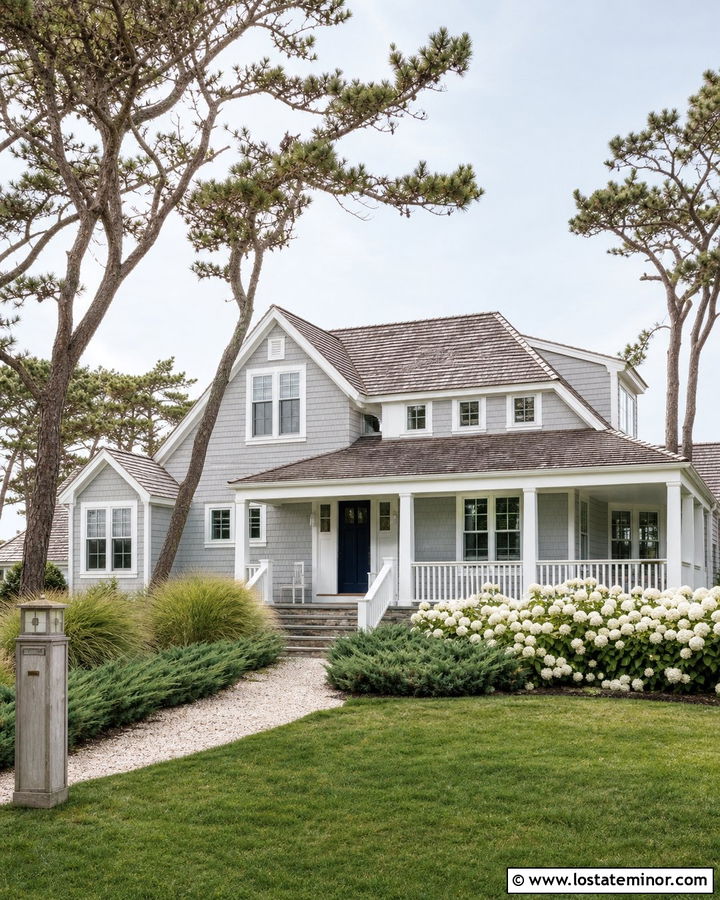 Light Grey House With Coastal Front Yard - 30 Light Grey House Design With Front Yard Ideas