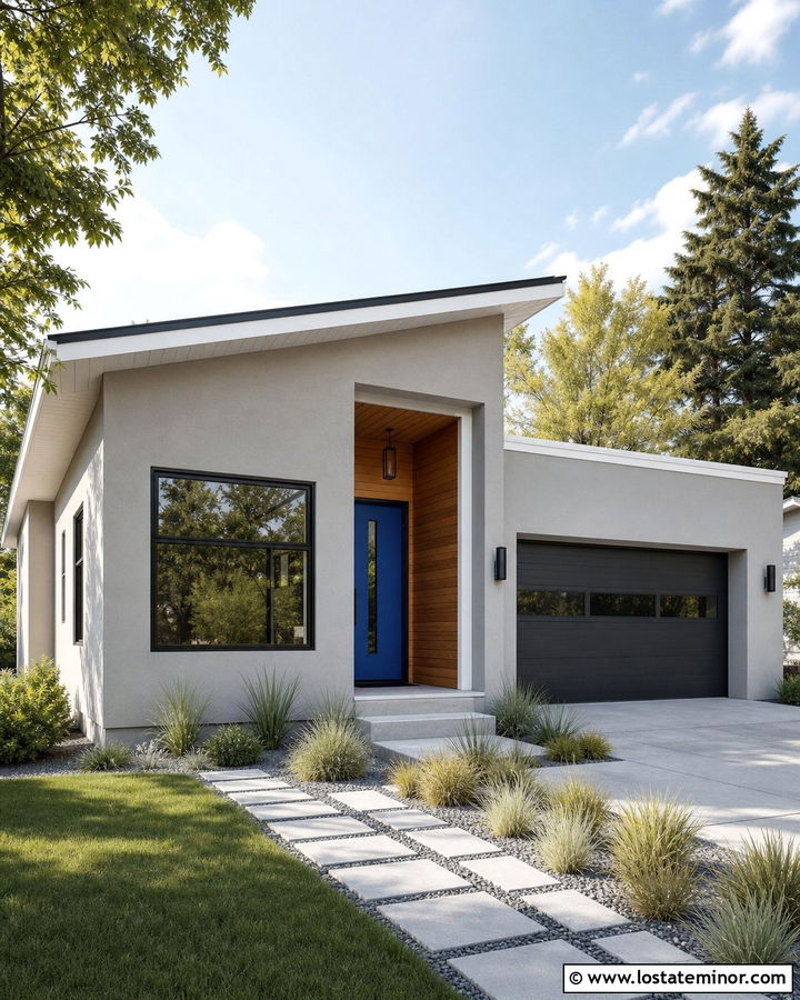 Light Grey House With Cobalt Blue Front Door - 30 Light Grey House Design With Entry Door Ideas