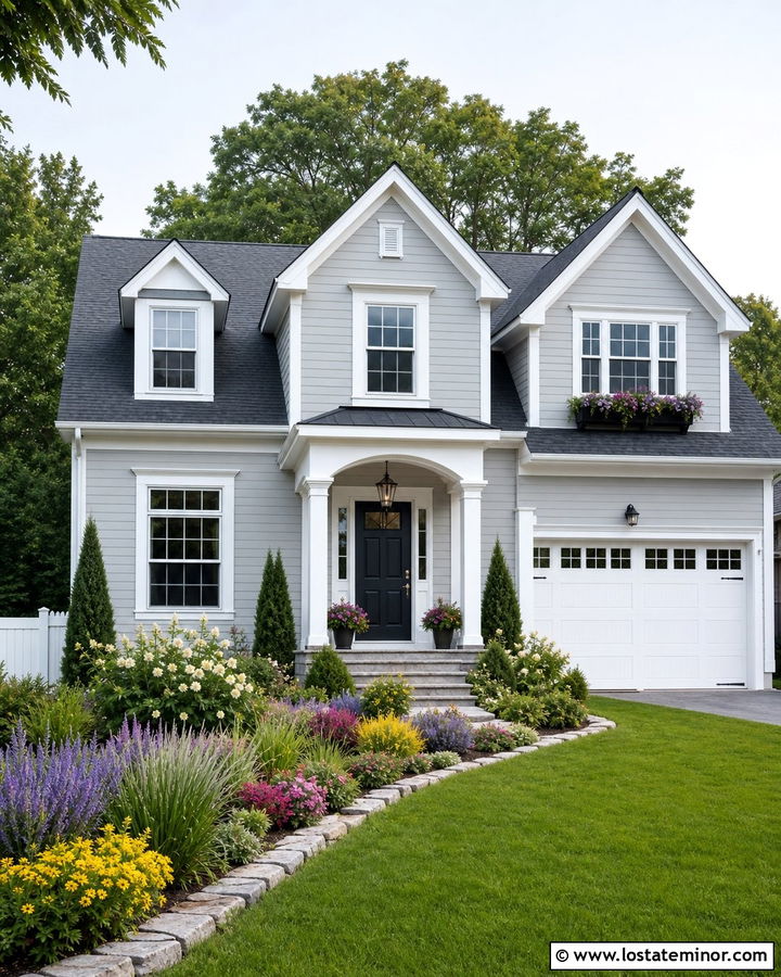 Light Grey House With Colorful Perennial Border - 30 Light Grey House Design With Front Yard Ideas
