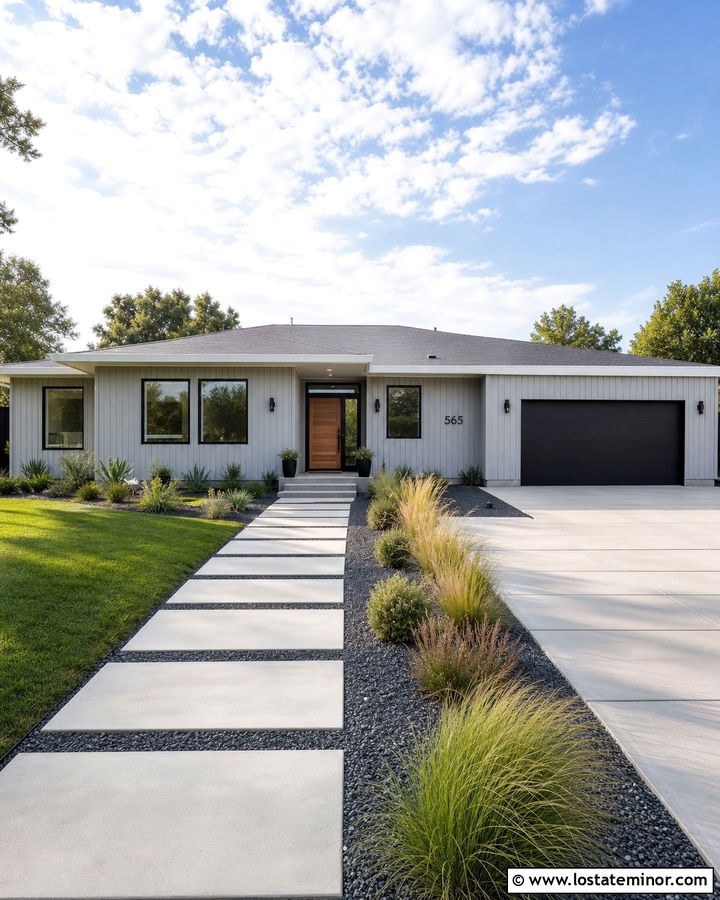 Light Grey House With Concrete Stepping Stones - 30 Light Grey House Design With Walkway Ideas