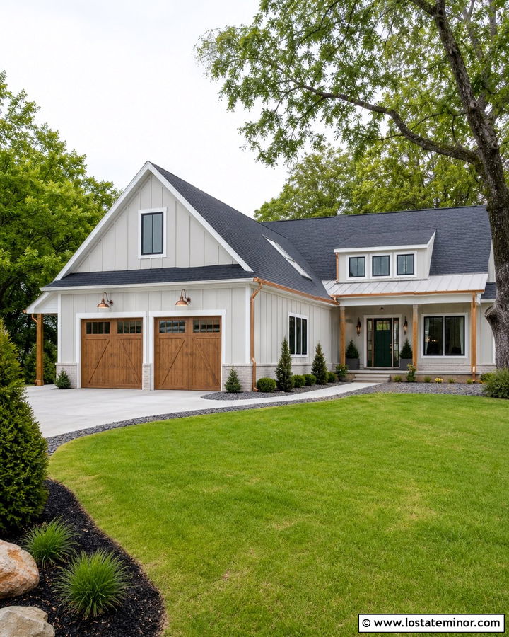 Light Grey House With Copper Barn Lights - 30 Light Grey House Design With Light Fixtures Ideas