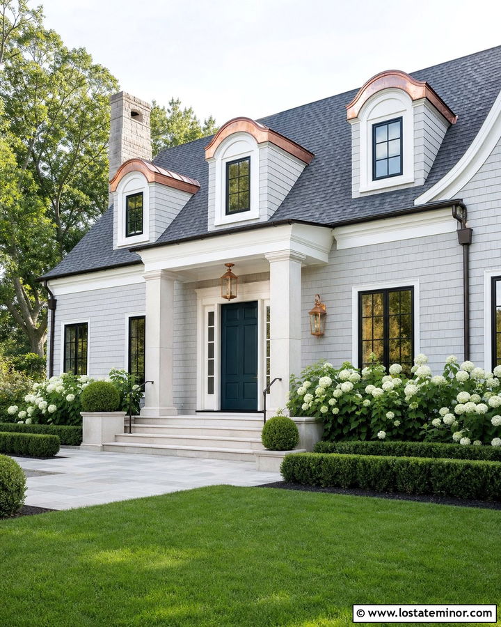 Light Grey House With Copper Dormer Roofs - 30 Light Grey House Design With Dormers Ideas