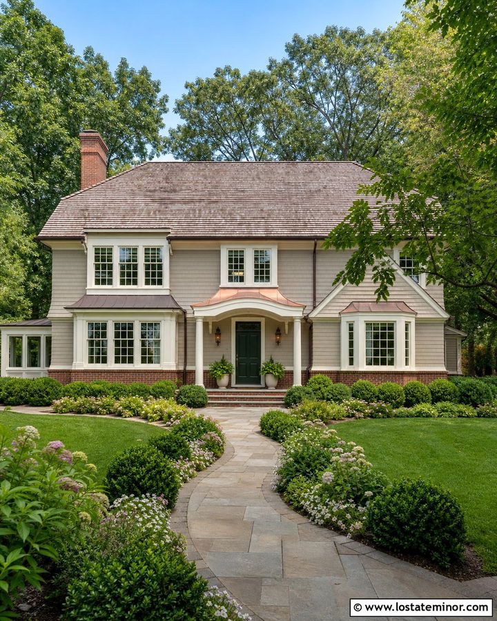 Light Grey House With Copper Entry Awning - 30 Light Grey House Design With Awning Ideas