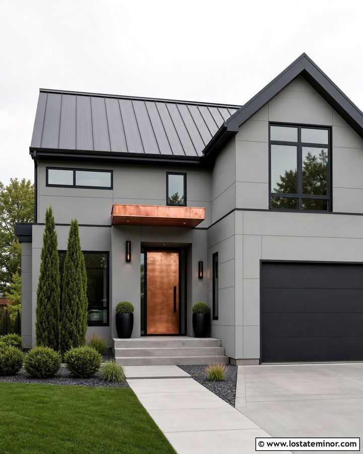 Light Grey House With Copper Entry Door - 30 Light Grey House Design With Entry Door Ideas