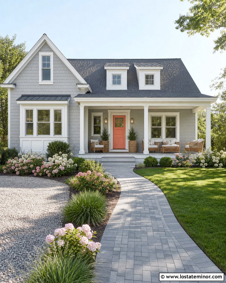 Light Grey House With Coral Front Door - 30 Light Grey House Design With Entry Door Ideas