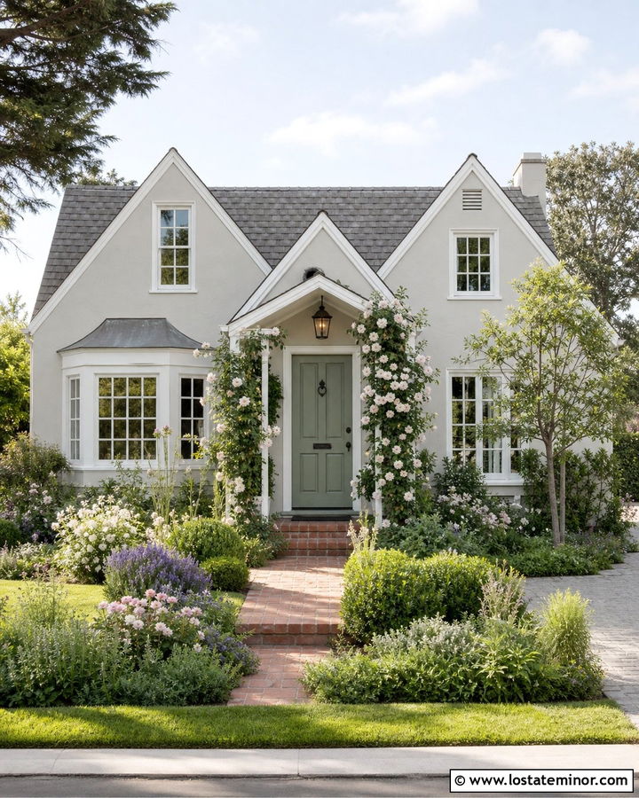Light Grey House With Cottage Garden Landscaping - 30 Light Grey House Design With Landscaping Ideas
