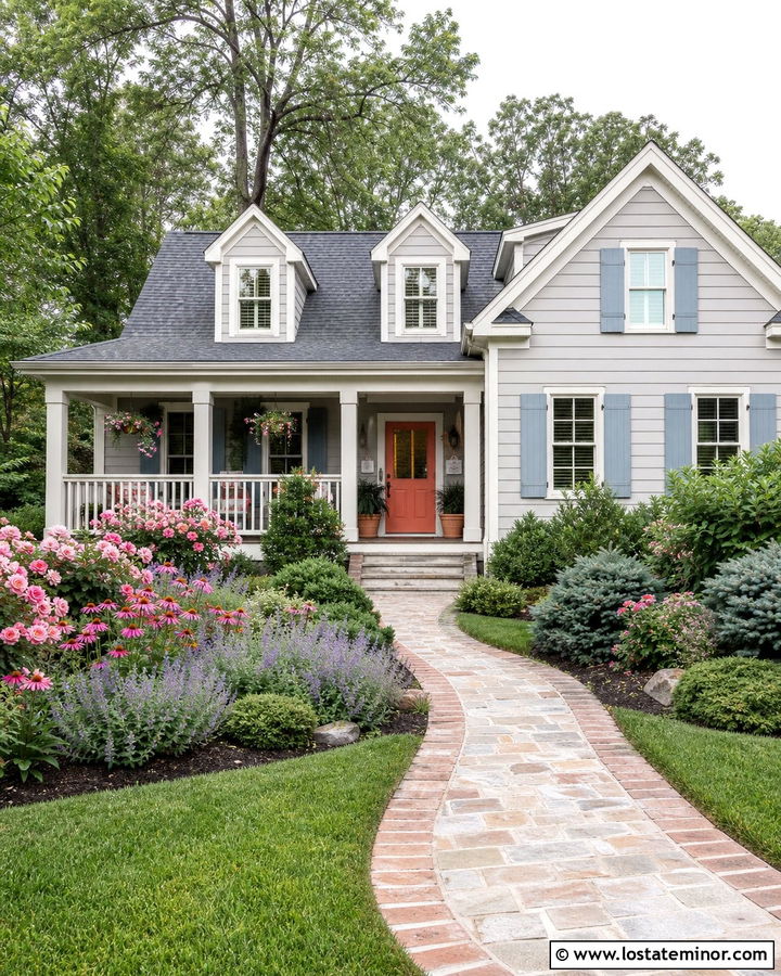 Light Grey House With Cottage Garden Walkway - 30 Light Grey House Design With Walkway Ideas