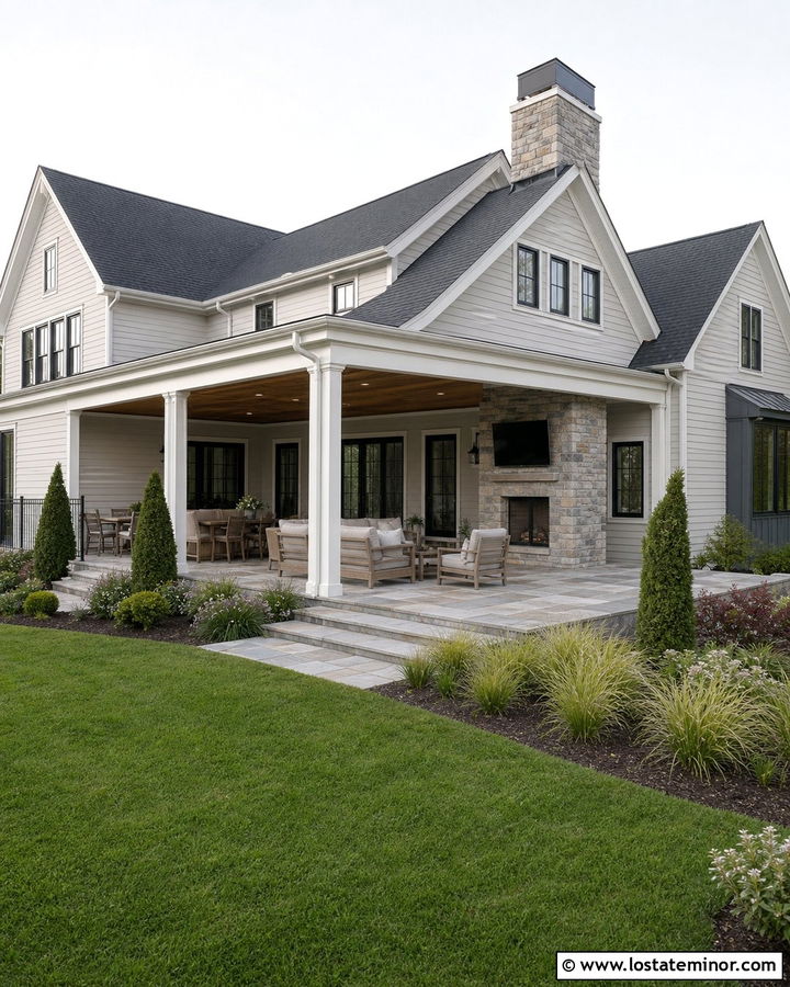 Light Grey House With Covered Outdoor Fireplace - 30 Light Grey House Design With Backyard Ideas