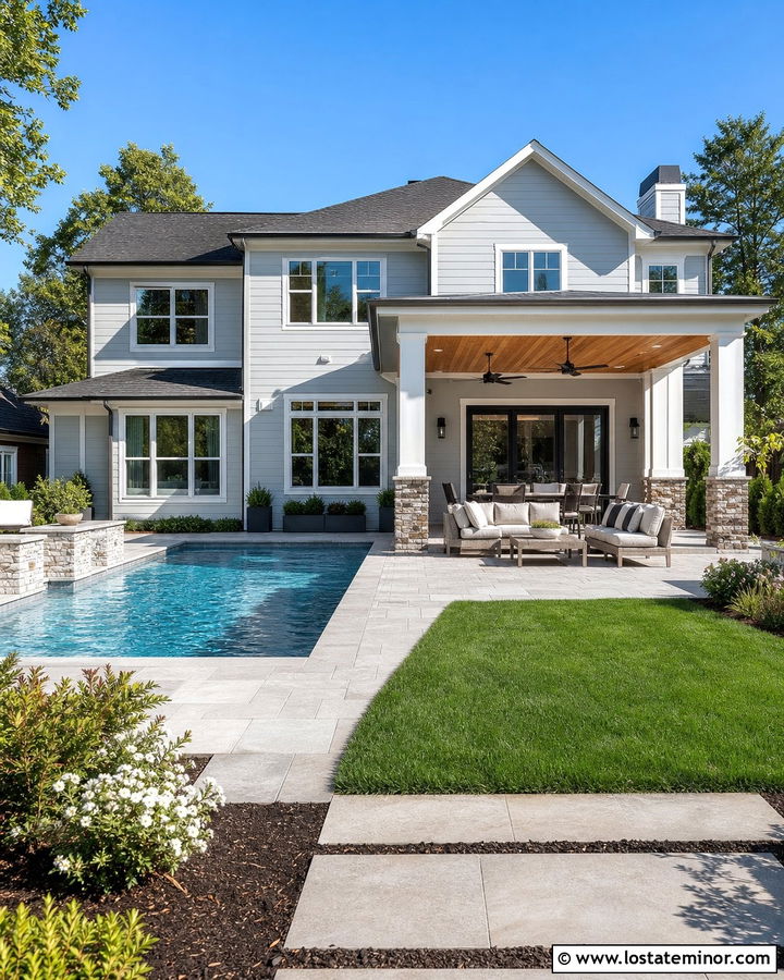 Light Grey House With Covered Pool Patio - 30 Light Grey House Design With Swimming Pool Ideas