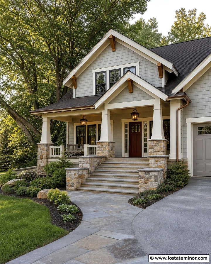 Light Grey House With Craftsman Lantern Pendants - 30 Light Grey House Design With Light Fixtures Ideas