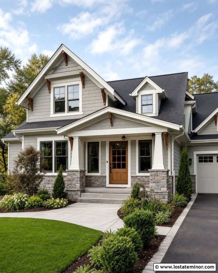 Light Grey House With Craftsman Wood Entry Door - 30 Light Grey House Design With Entry Door Ideas
