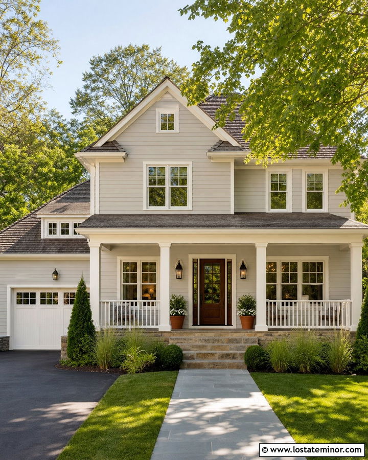 Light Grey House With Cream Porch Columns - 30 Light Grey House Design With Porch Columns Ideas