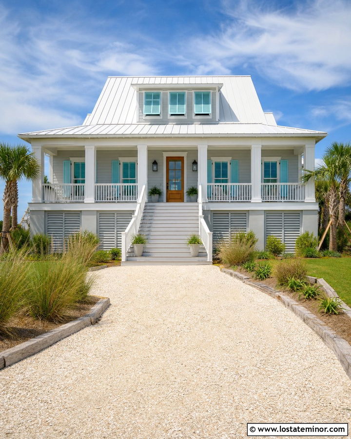 Light Grey House With Crushed Shell Driveway - 30 Light Grey House Design With Driveway Ideas
