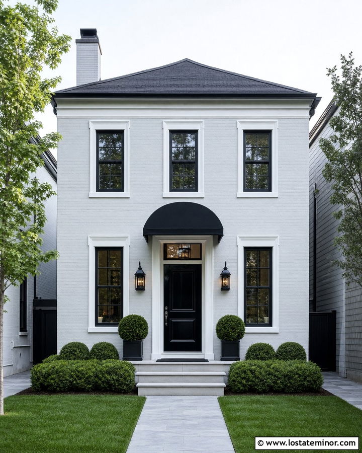 Light Grey House With Curved Door Awning - 30 Light Grey House Design With Awning Ideas