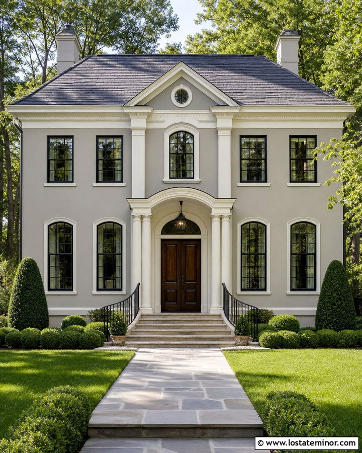 Light Grey House With Curved Iron Railings - 30 Light Grey House Design With Railings Ideas