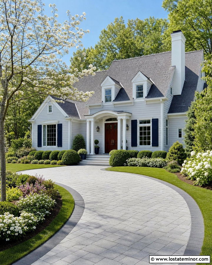 Light Grey House With Curved Paver Driveway - 30 Light Grey House Design With Driveway Ideas