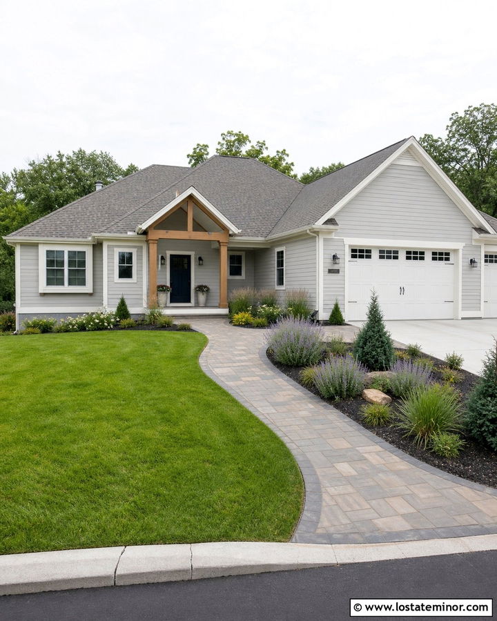 Light Grey House With Curved Paver Walkway - 30 Light Grey House Design With Walkway Ideas