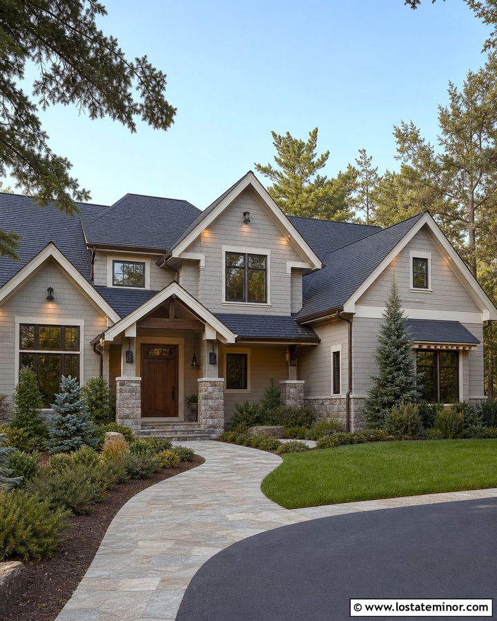 Light Grey House With Dark Bronze Uplights - 30 Light Grey House Design With Light Fixtures Ideas