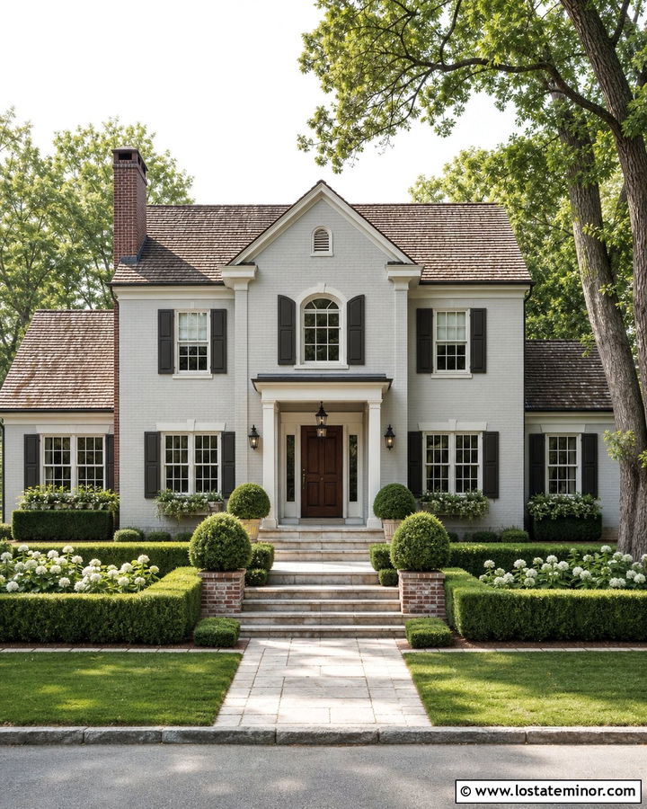 Light Grey House With Dark Walnut Entry Door - 30 Light Grey House Design With Entry Door Ideas
