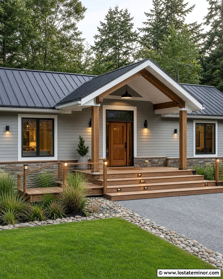 Light Grey House With Deck Rail Lights - 30 Light Grey House Design With Lighting Ideas