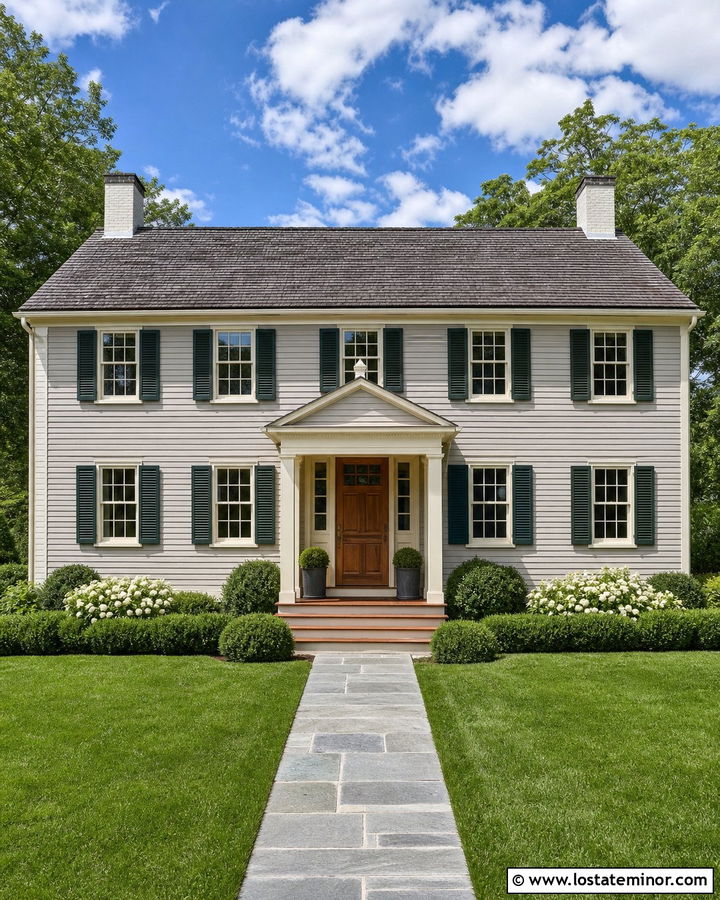 Light Grey House With Deep Green Shutters - 30 Light Grey House Design With Front Yard Ideas