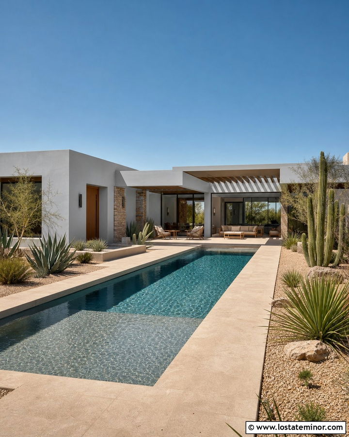 Light Grey House With Desert Pool Landscape - 30 Light Grey House Design With Swimming Pool Ideas