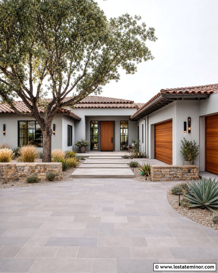 Light Grey House With Driveway Courtyard - 30 Light Grey House Design With Driveway Ideas