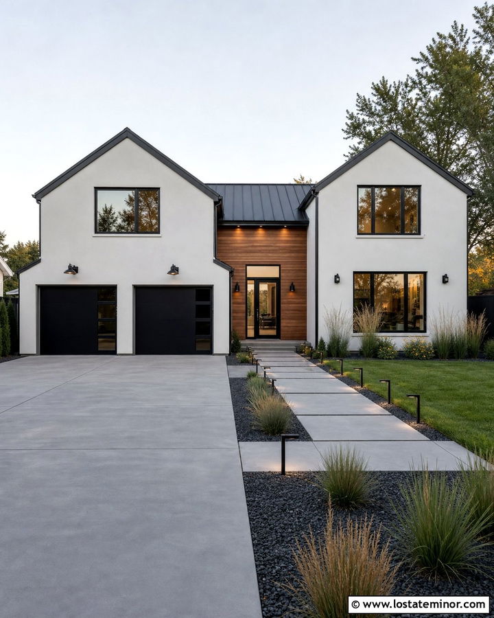 Light Grey House With Driveway Lighting - 30 Light Grey House Design With Driveway Ideas