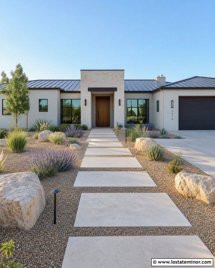 Light Grey House With Drought Tolerant Walkway - 30 Light Grey House Design With Walkway Ideas