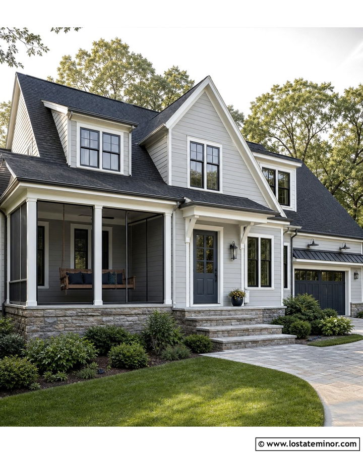 Light Grey House With Enclosed Porch Swing - 30 Light Grey House Design With Swing Ideas