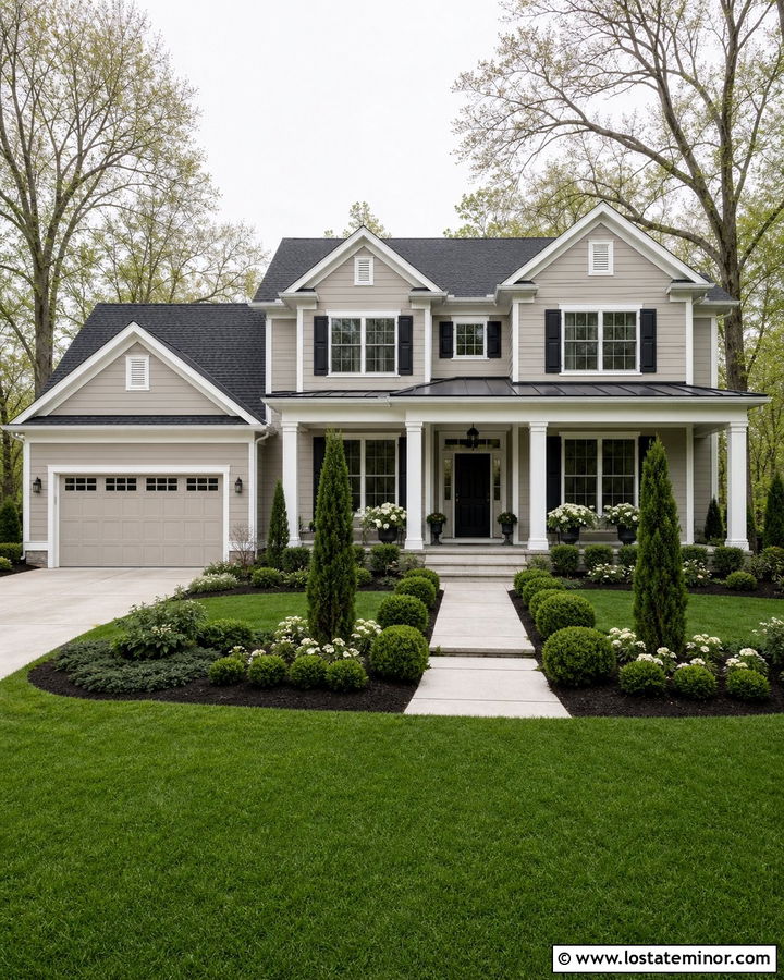 Light Grey House With Evergreen Foundation Landscaping - 30 Light Grey House Design With Landscaping Ideas