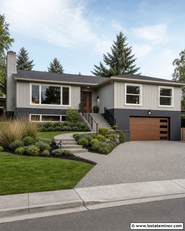 Light Grey House With Exposed Aggregate Driveway - 30 Light Grey House Design With Driveway Ideas