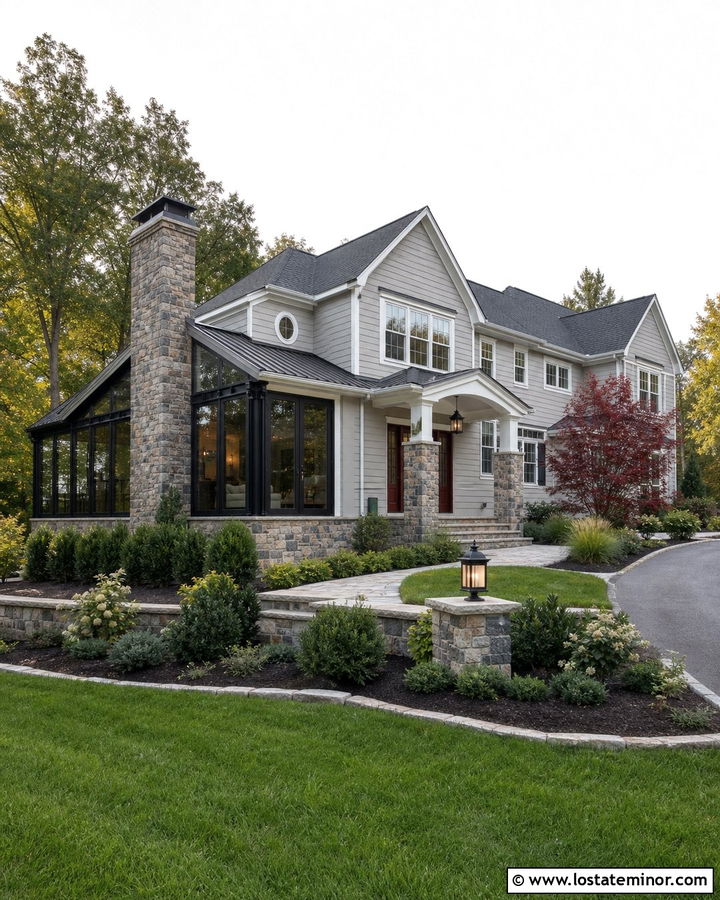 Light Grey House With Fireplace Sunroom - 30 Light Grey House Design With Sunroom Ideas