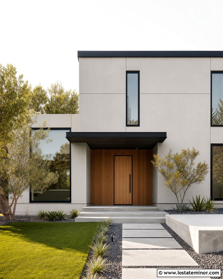 Light Grey House With Flat Steel Entry Canopy - 30 Light Grey House Design With Awning Ideas