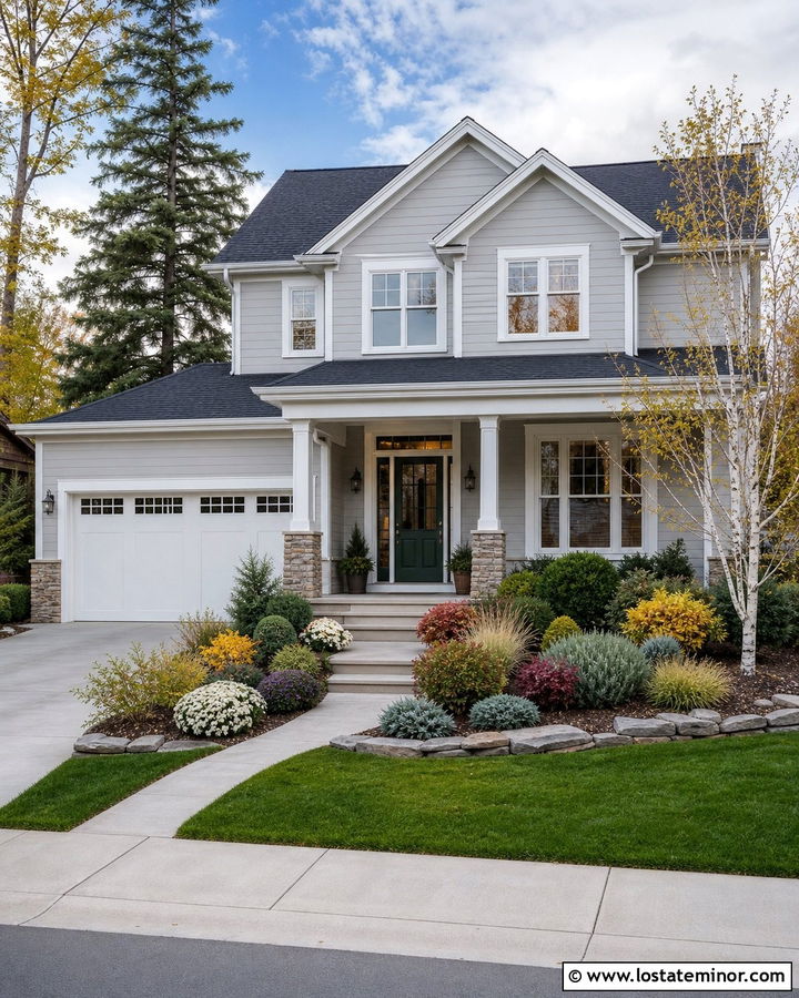 Light Grey House With Four Season Landscaping - 30 Light Grey House Design With Landscaping Ideas