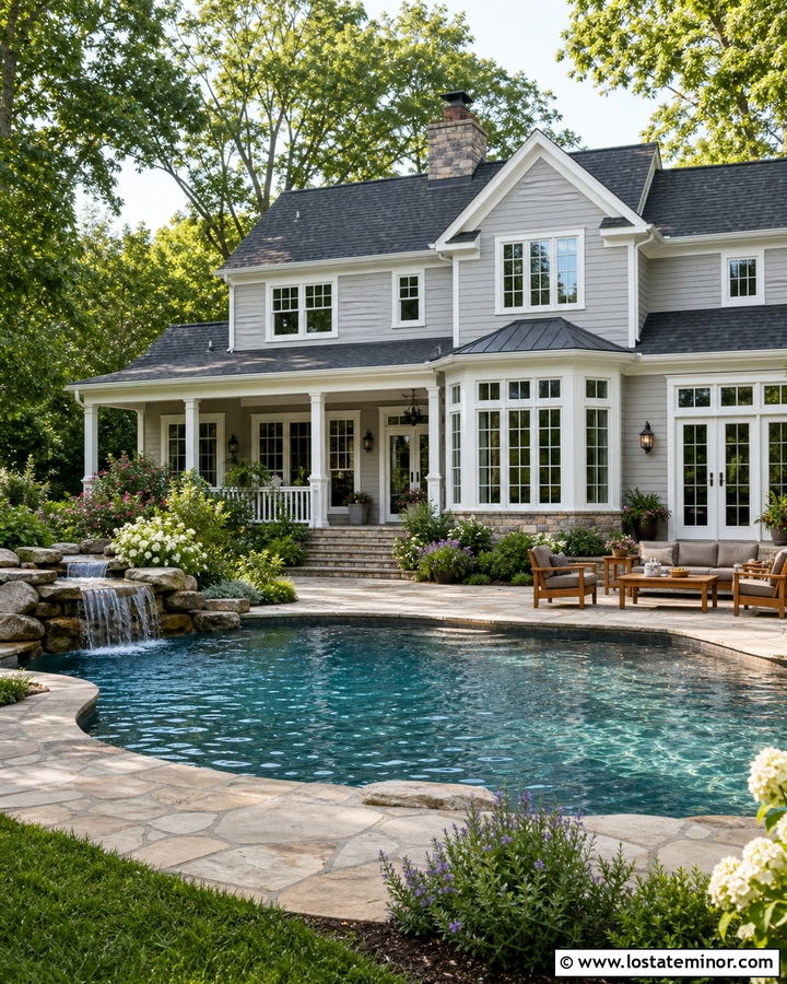 Light Grey House With Freeform Pool - 30 Light Grey House Design With Swimming Pool Ideas