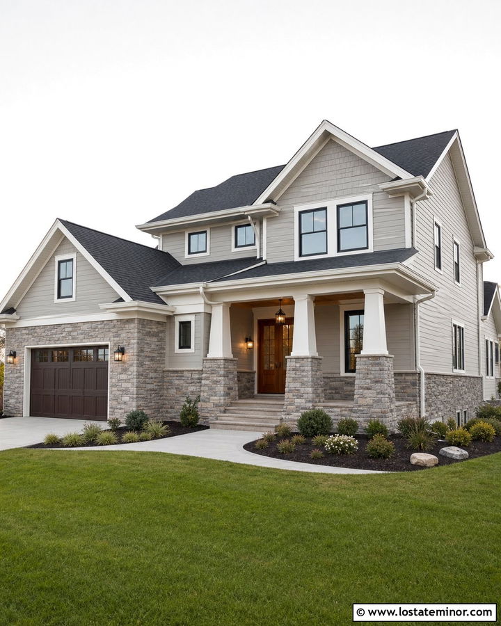 Light Grey House With Full Wraparound Stone Wainscoting - 30 Light Grey House Design With Wainscoting Ideas