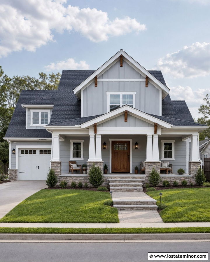 Light Grey House With Gabled Porch And Tapered Columns - 30 Light Grey House Design With Porch Columns Ideas