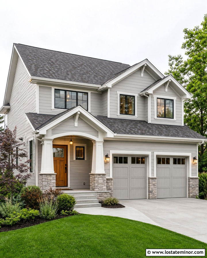 Light Grey House With Garage And Dimensional Shingles - 30 Light Grey House Design With Shingles Ideas