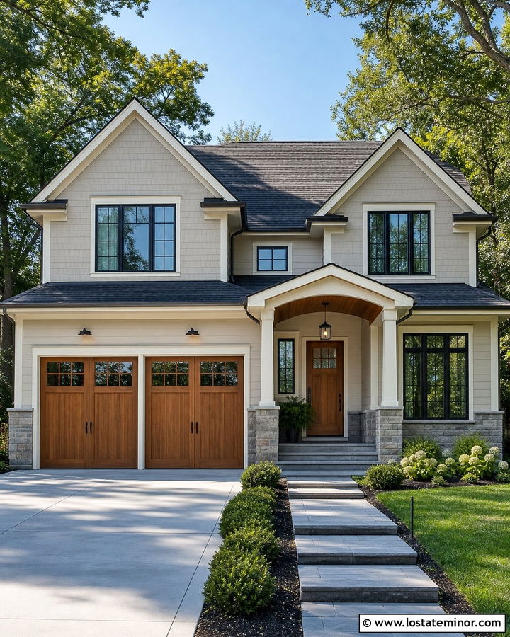 Light Grey House With Garage Downlights - 30 Light Grey House Design With Lighting Ideas