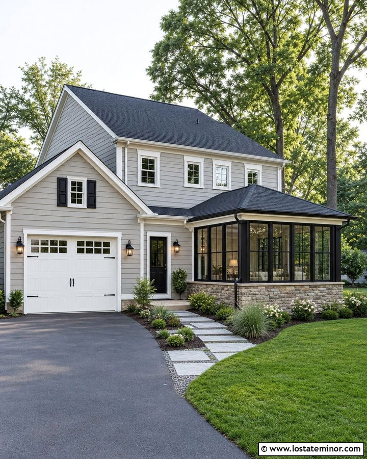 Light Grey House With Garage Side Sunroom - 30 Light Grey House Design With Sunroom Ideas