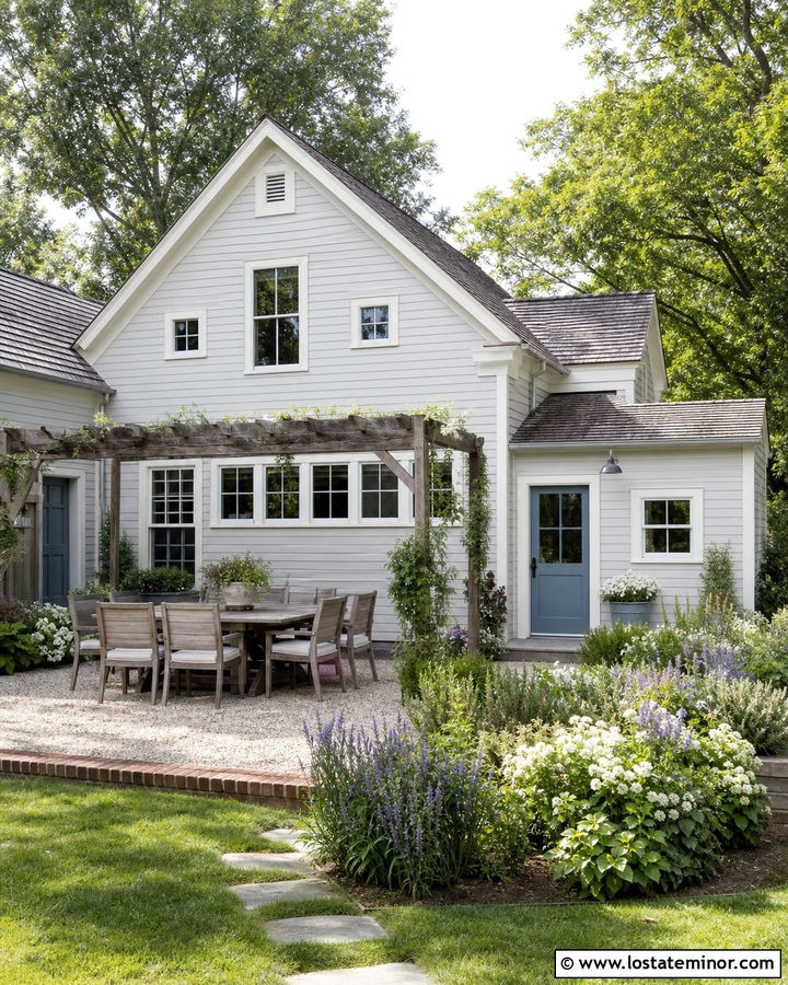 Light Grey House With Garden Dining Area - 30 Light Grey House Design With Backyard Ideas