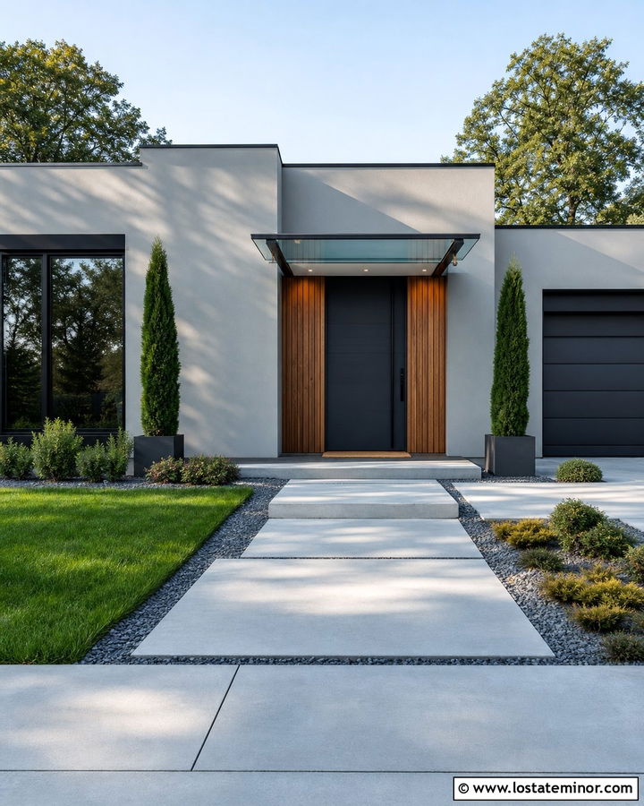 Light Grey House With Glass Entry Awning - 30 Light Grey House Design With Awning Ideas